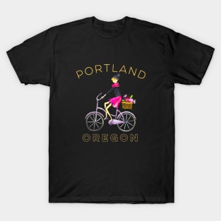 Portland Oregon Watercolor With Cute Girl Bicycling T-Shirt